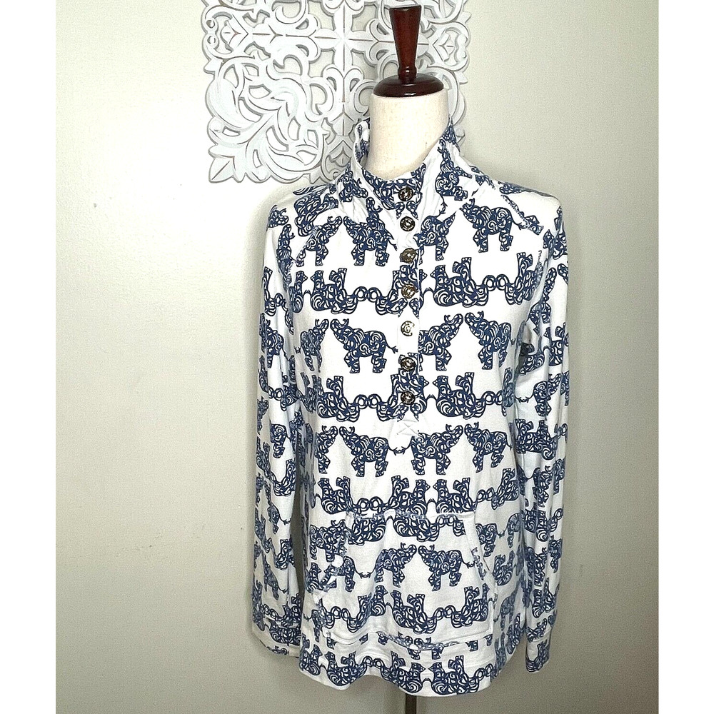 Lilly Pulitzer MEDIUM Henley Pullover Sweatshirt BLUE Elephants Trunk Up WHITE